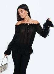 Madelina Frill Long Sleeve Top Black