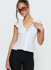 Kalysa Ruffle Short Sleeve Blouse Top Blue Stripe