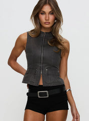Spike Zip Front Denim Top Grey