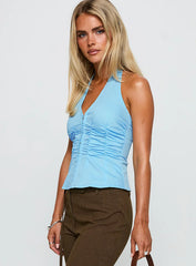 Long Ago Ruched Halter Top Blue