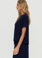 Cozy Hour Sleep Relaxed Off Shoulder Top Navy