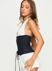Dreamfields Lace Up Corset Top Dark Denim / White