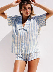 Goody Linen Button Front Top Blue Stripe