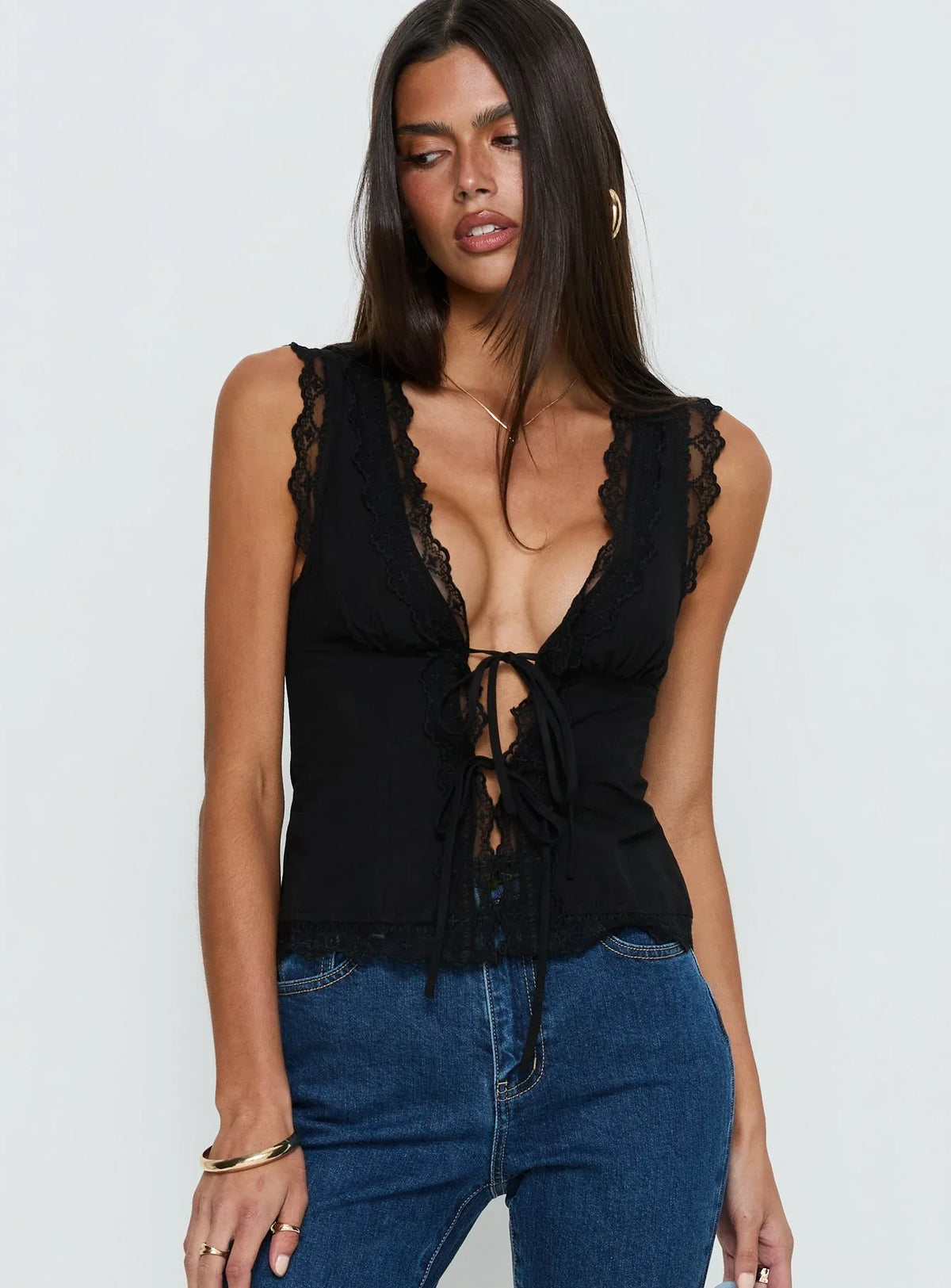 Kerena Lace Trim Tie Front Blouse Top Black