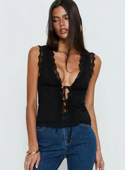Kerena Lace Trim Tie Front Blouse Top Black