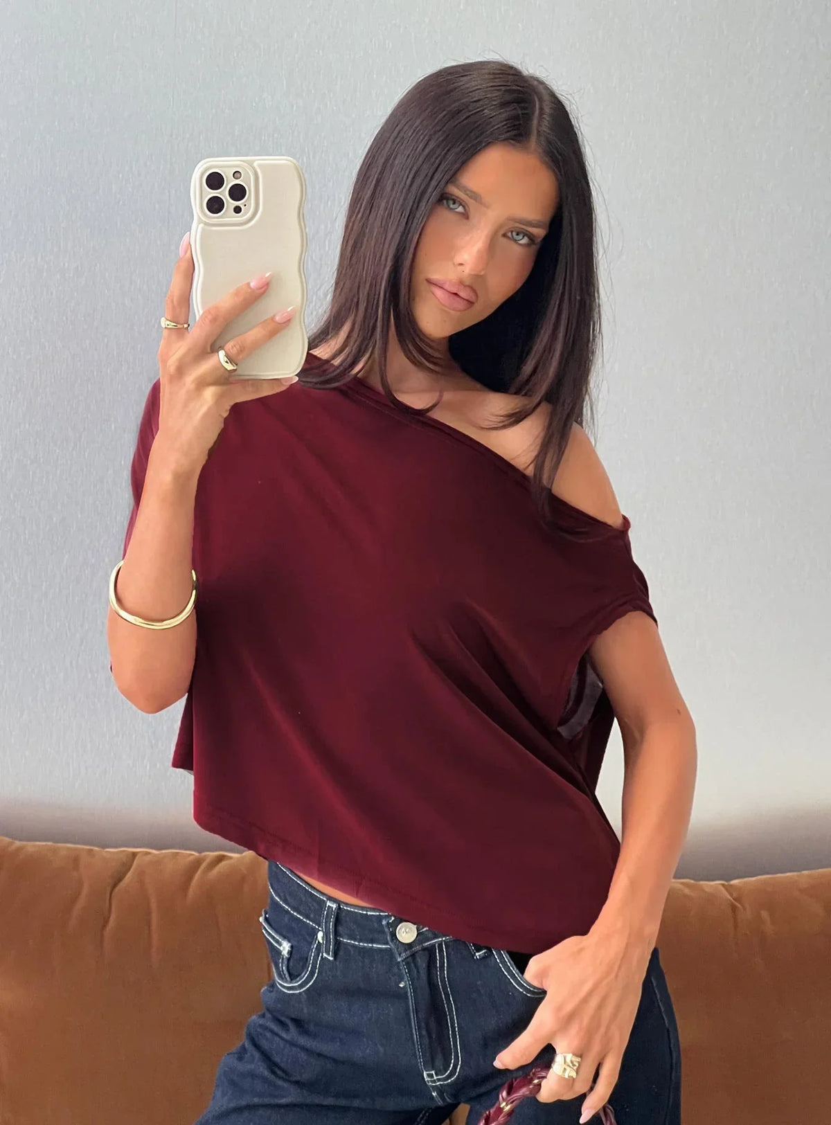 Passerby Asymmetrical Off Shoulder Top Burgundy